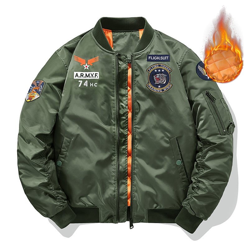 MA1 pilóta dzseki férfiaknak, szélálló nylonszövet külső, hímzett részletek, cipzáros zárás, álló gallér, lazán szabott