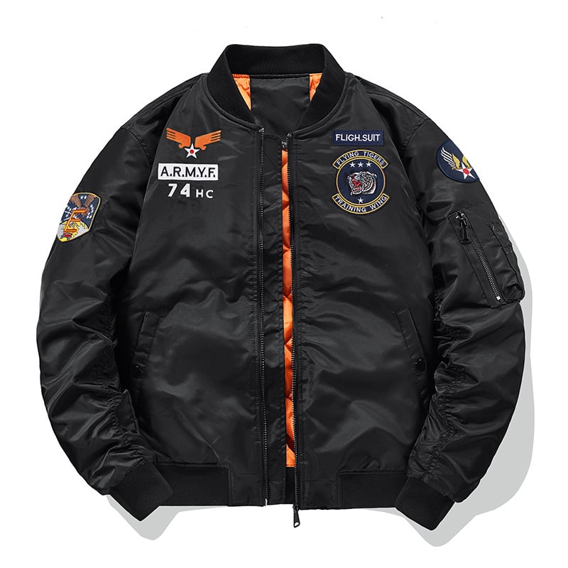MA1 pilóta dzseki férfiaknak, szélálló nylonszövet külső, hímzett részletek, cipzáros zárás, álló gallér, lazán szabott
