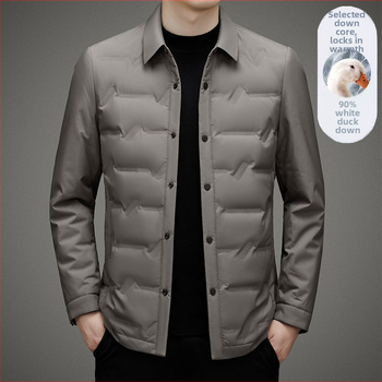 Jachetă ușoară din puf de gâscă alb, umplere 700, guler rever, fără glugă, închidere cu nasturi, pentru bărbați de vârstă mijlocie, iarnă 2024