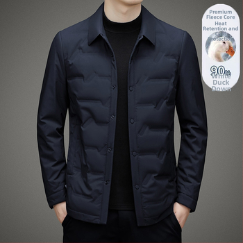 Ελαφρύ μπουφάν με πούπουλα λευκής χήνας, γέμισμα 700, με γιακά-πέτο, χωρίς κουκούλα, μονόμπροτ κλείσιμο, για άνδρες μέσης ηλικίας, χειμερινή σεζόν 2024