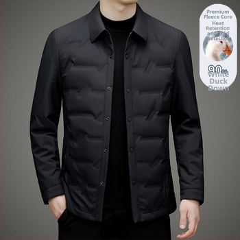 Ελαφρύ μπουφάν με πούπουλα λευκής χήνας, γέμισμα 700, με γιακά-πέτο, χωρίς κουκούλα, μονόμπροτ κλείσιμο, για άνδρες μέσης ηλικίας, χειμερινή σεζόν 2024