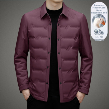 Ελαφρύ μπουφάν με πούπουλα λευκής χήνας, γέμισμα 700, με γιακά-πέτο, χωρίς κουκούλα, μονόμπροτ κλείσιμο, για άνδρες μέσης ηλικίας, χειμερινή σεζόν 2024