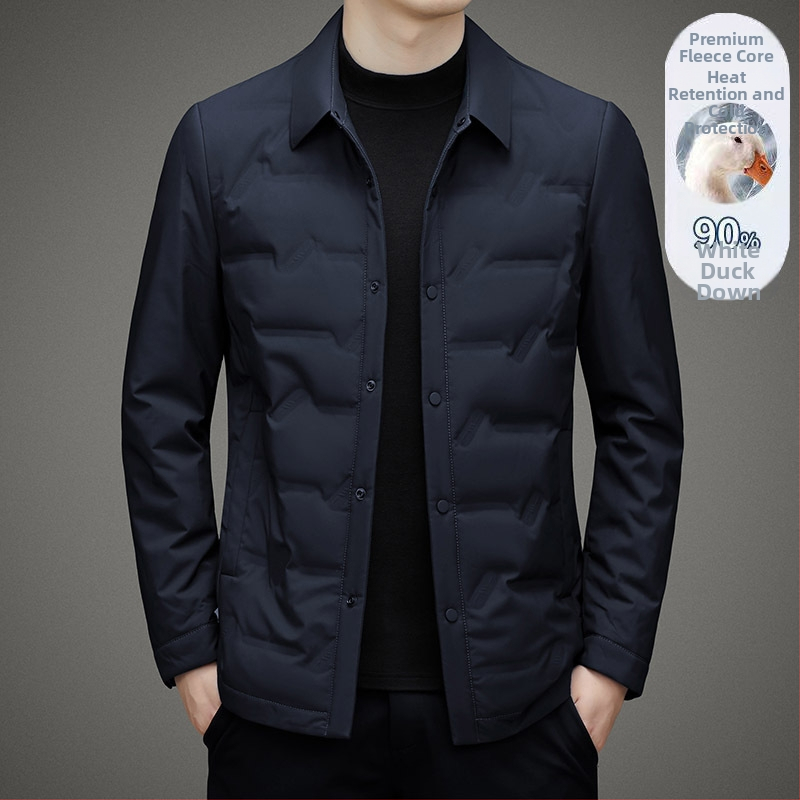 Леко пухено яке за мъже на средна възраст, с яка с ревери, без качулка, еднобортово закопчаване, бял гъши пух, 700 пух, за зимен сезон 2024