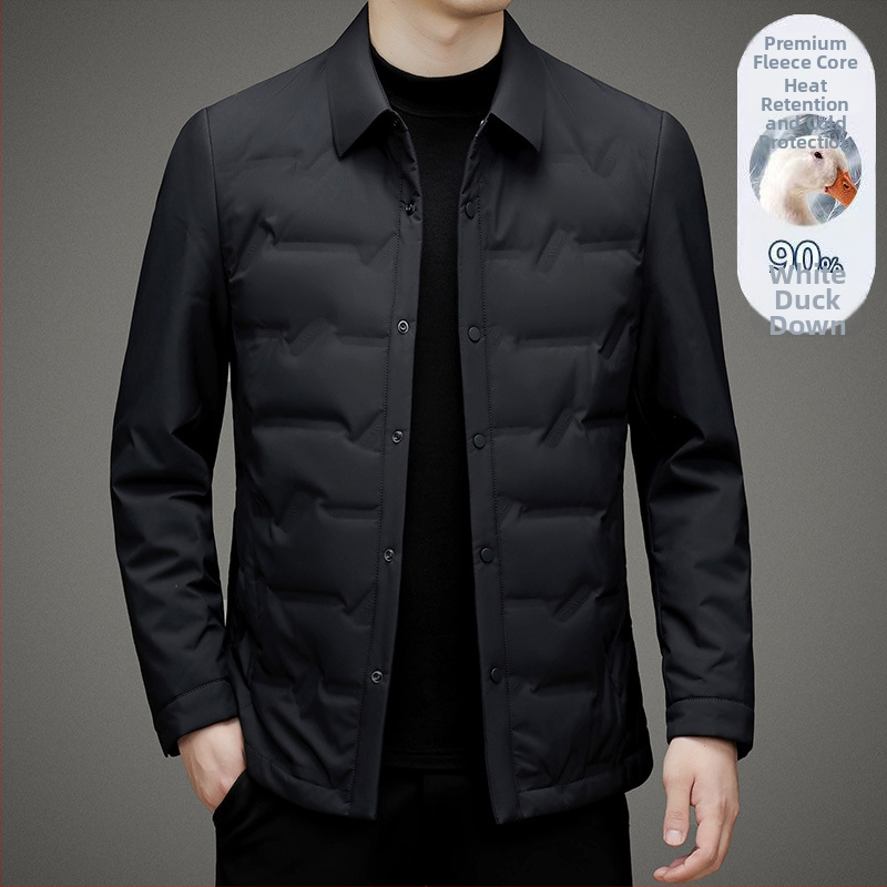 Леко пухено яке за мъже на средна възраст, с яка с ревери, без качулка, еднобортово закопчаване, бял гъши пух, 700 пух, за зимен сезон 2024