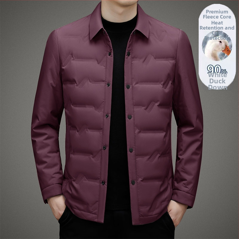 Леко пухено яке за мъже на средна възраст, с яка с ревери, без качулка, еднобортово закопчаване, бял гъши пух, 700 пух, за зимен сезон 2024