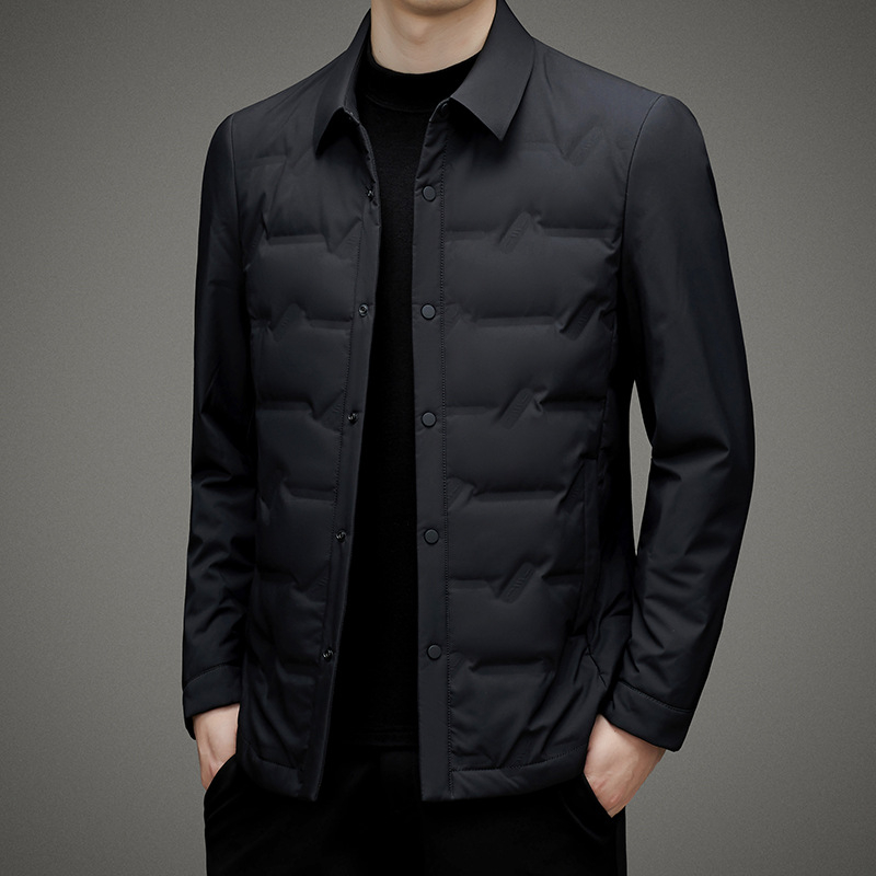 Jachetă ușoară din puf de gâscă alb, umplere 700, guler rever, fără glugă, închidere cu nasturi, pentru bărbați de vârstă mijlocie, iarnă 2024