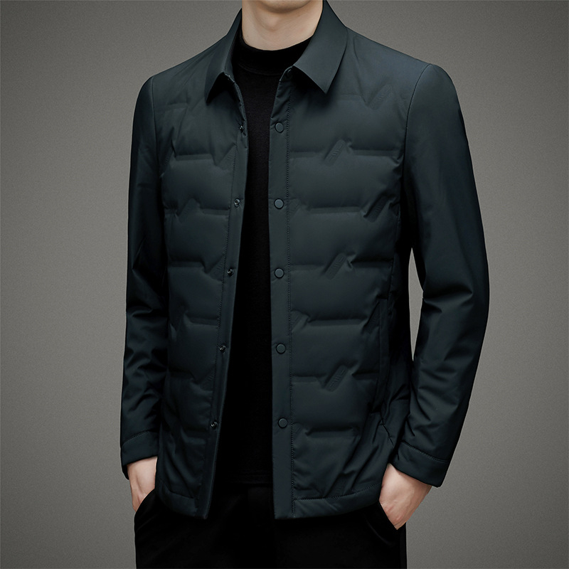 Jachetă ușoară din puf de gâscă alb, umplere 700, guler rever, fără glugă, închidere cu nasturi, pentru bărbați de vârstă mijlocie, iarnă 2024