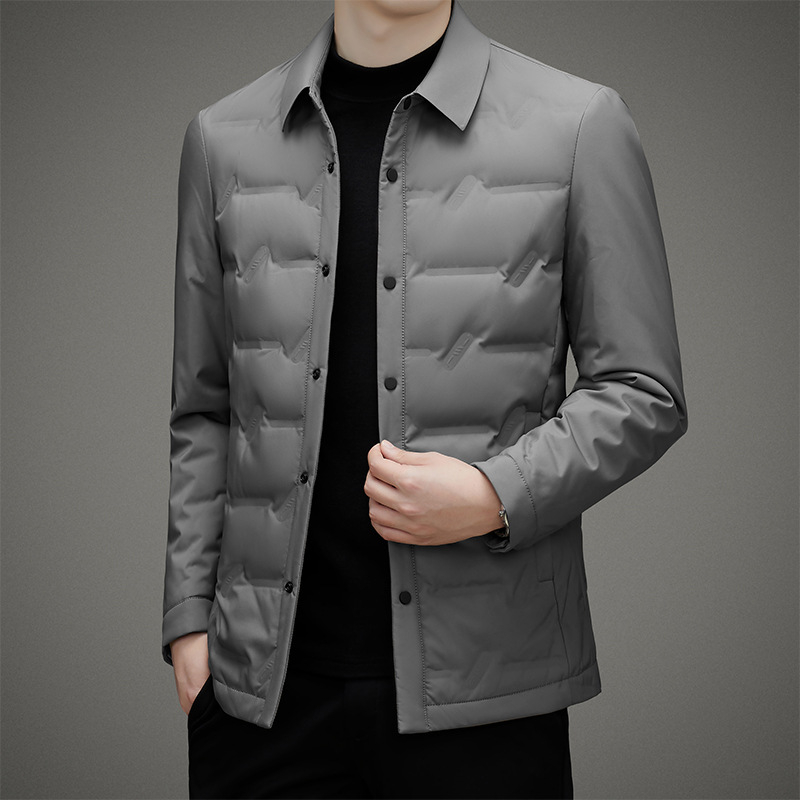 Jachetă ușoară din puf de gâscă alb, umplere 700, guler rever, fără glugă, închidere cu nasturi, pentru bărbați de vârstă mijlocie, iarnă 2024