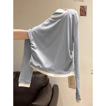 Top cu mâneci lungi, guler rotund, design faux două părți, talie plisată, bumbac 90–95%, stil urban feminin