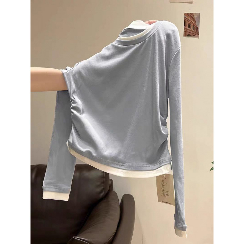 Top cu mâneci lungi, guler rotund, design faux două părți, talie plisată, bumbac 90–95%, stil urban feminin