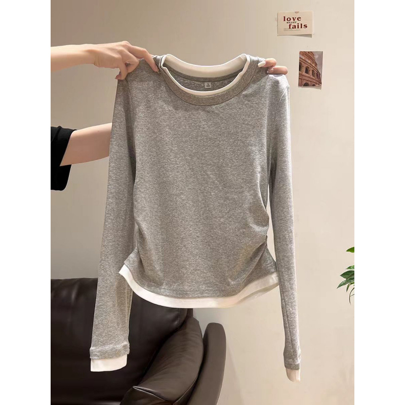 Top cu mâneci lungi, guler rotund, design faux două părți, talie plisată, bumbac 90–95%, stil urban feminin