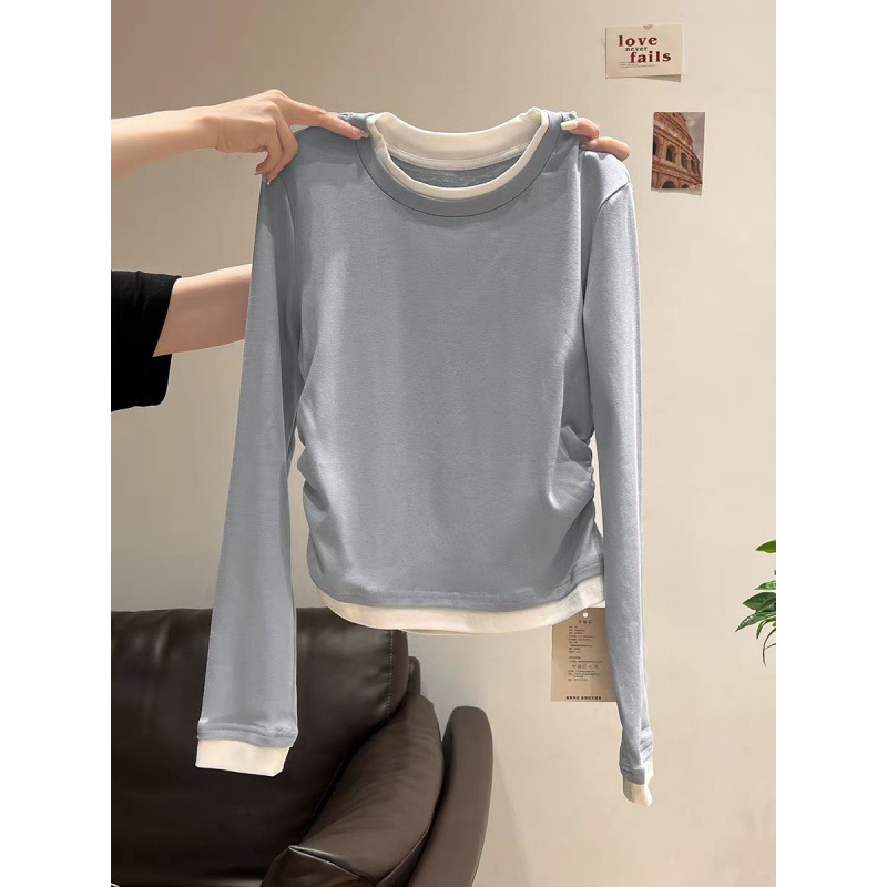 Top cu mâneci lungi, guler rotund, design faux două părți, talie plisată, bumbac 90–95%, stil urban feminin