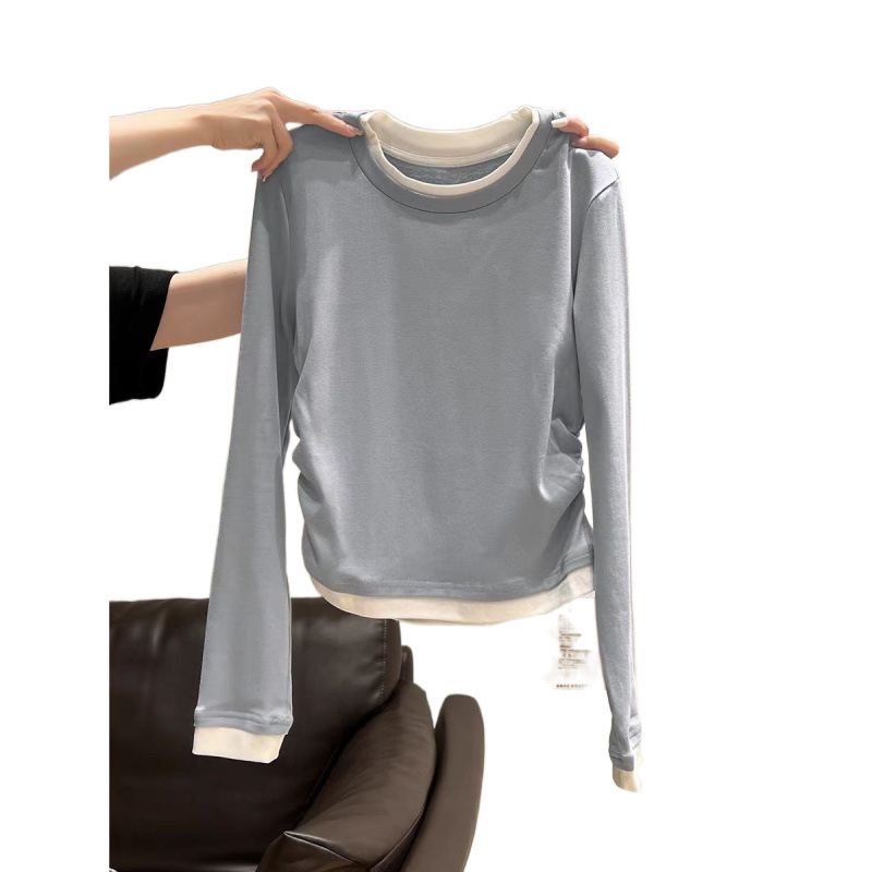 Top cu mâneci lungi, guler rotund, design faux două părți, talie plisată, bumbac 90–95%, stil urban feminin