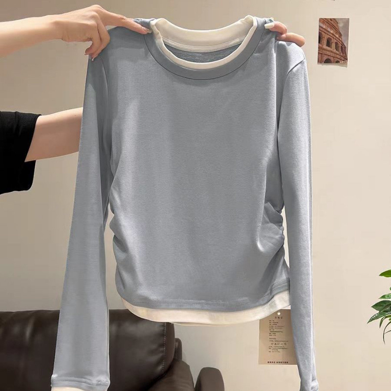 Top cu mâneci lungi, guler rotund, design faux două părți, talie plisată, bumbac 90–95%, stil urban feminin