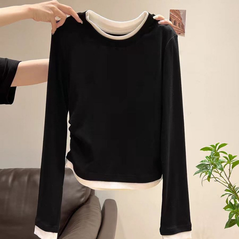 Top cu mâneci lungi, guler rotund, design faux două părți, talie plisată, bumbac 90–95%, stil urban feminin