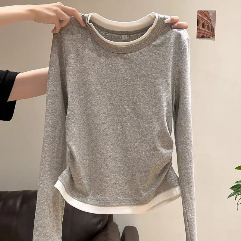 Top cu mâneci lungi, guler rotund, design faux două părți, talie plisată, bumbac 90–95%, stil urban feminin