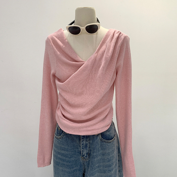 Дамски плетен пуловер с дълъг ръкав и swing яка — полиестерна тъкан, акрил 80–90%, еластан, солиден модел, кройка straight, есен 2024, корейски повседневен стил