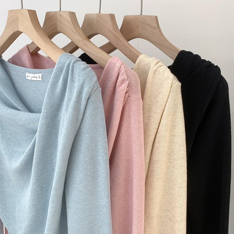 Pulover tricotat damă cu guler swing, mâneci lungi, amestec poliester/acril/spandex, model solid, croială dreaptă, toamnă 2024, stil casual coreean