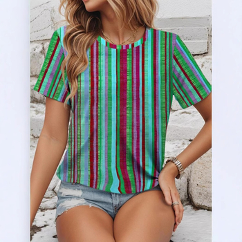 Γυναικείο T‑shirt με φλοράλ μοτίβο, 3D ψηφιακή εκτύπωση, ύφασμα milk silk με πολυεστερική ίνα, κοντό μανίκι, στρογγυλή λαιμόκοψη, pull-over στυλ