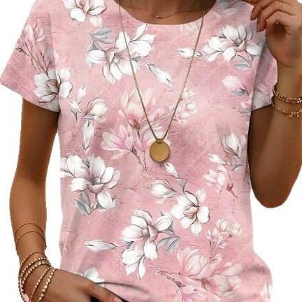 Ženski T‑majica s floralnim uzorkom, 3D digitalni otisak, milk silk tkanina s smjesom poliestera, kratki rukavi, okrugli izrez, pulover stil