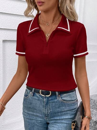 Tricou Chenille cu decolteu în V, mâneci scurte, croială Slim, poliester, Primăvara 2025