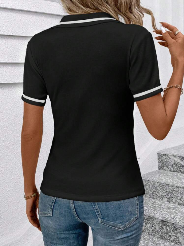 Tricou Chenille cu decolteu în V, mâneci scurte, croială Slim, poliester, Primăvara 2025