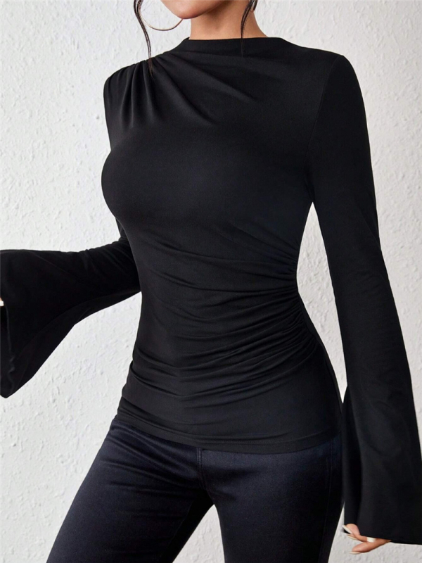 Tricou cu guler stand, mâneci clopot, croială slim, model solid