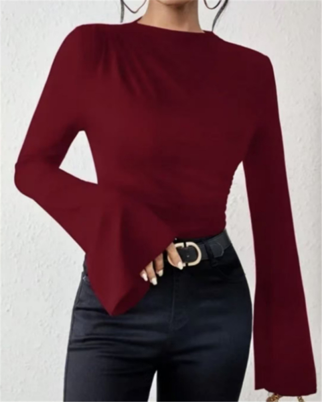 Tricou cu guler stand, mâneci clopot, croială slim, model solid