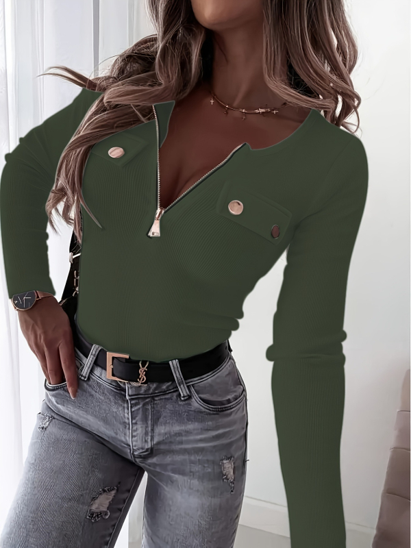 Top tricotat din poliester, croi slim, guler înalt, mâneci lungi, fermoar metalic