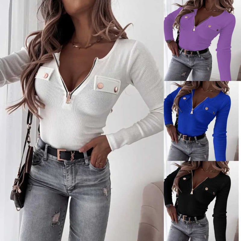 Top tricotat din poliester, croi slim, guler înalt, mâneci lungi, fermoar metalic