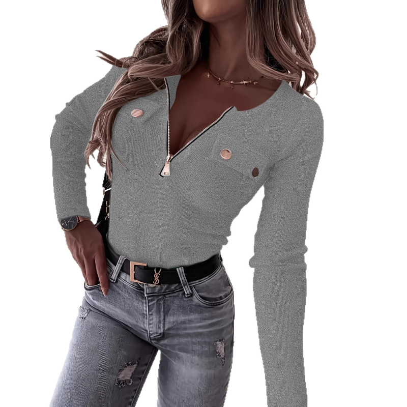 Top tricotat din poliester, croi slim, guler înalt, mâneci lungi, fermoar metalic