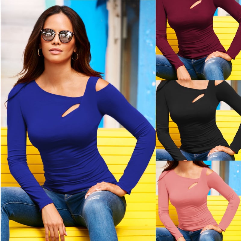 Μπλουζάκι με μακρύ μανίκι, μονόχρωμη βαμβακο-πολυεστερική σύνθεση, 90–95% βαμβάκι, πλάγιος γιακά, στενή γραμμή, στυλ street hipster, μήκος 50–65 cm