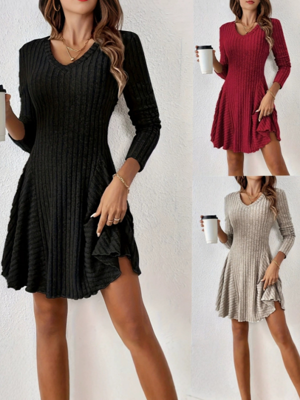 Κομψή A-γραμμής φόρεμα, με μακριά μανίκια, V-λαιμό, πλεκτό ύφασμα πολυεστέρα-σπαντεξ, κοντή γραμμή.