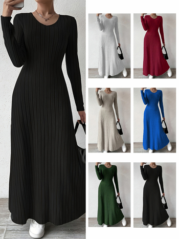 Плетена дълга рокля - полиестер, еднотонна, кръгло деколте, дълги ръкави, висока талия (Полиестер; еднотонна; кръгло деколте; дълги ръкави; висока талия)