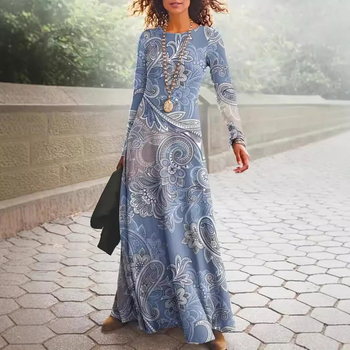 Рокля с 3D модел и принт, кръгло деколте, дълги ръкави, висока талия, А‑линия дълга рокля, полиестер