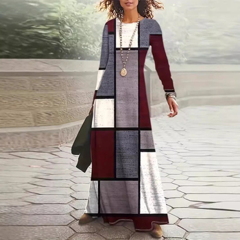 Рокля с 3D модел и принт, кръгло деколте, дълги ръкави, висока талия, А‑линия дълга рокля, полиестер