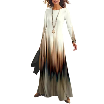 Рокля с 3D модел и принт, кръгло деколте, дълги ръкави, висока талия, А‑линия дълга рокля, полиестер