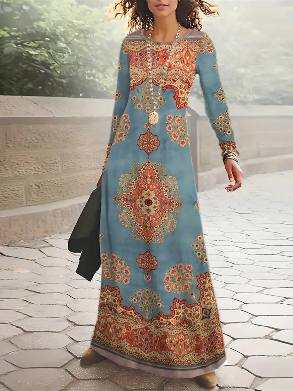Rochie cu model 3D și imprimeu, guler rotund, mâneci lungi, talie înaltă, croială A-line lungă, poliester