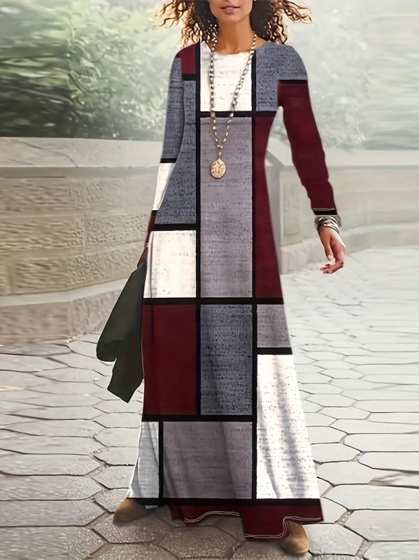 Rochie cu model 3D și imprimeu, guler rotund, mâneci lungi, talie înaltă, croială A-line lungă, poliester
