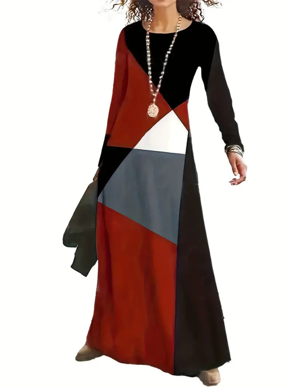 Rochie cu model 3D și imprimeu, guler rotund, mâneci lungi, talie înaltă, croială A-line lungă, poliester