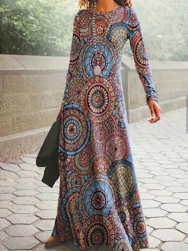 Rochie cu model 3D și imprimeu, guler rotund, mâneci lungi, talie înaltă, croială A-line lungă, poliester