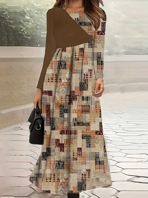 Rochie cu model 3D și imprimeu, guler rotund, mâneci lungi, talie înaltă, croială A-line lungă, poliester