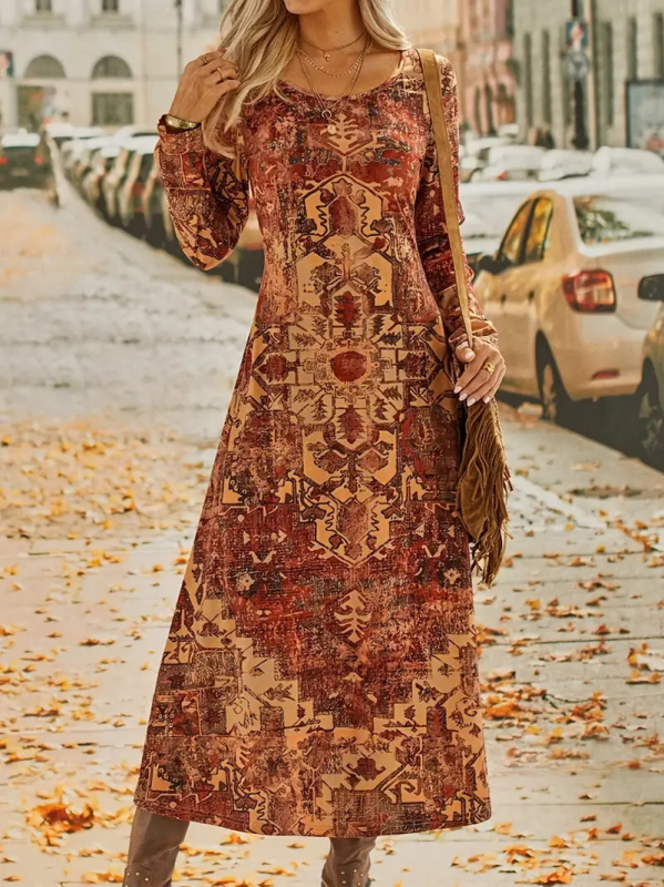 Rochie cu model 3D și imprimeu, guler rotund, mâneci lungi, talie înaltă, croială A-line lungă, poliester