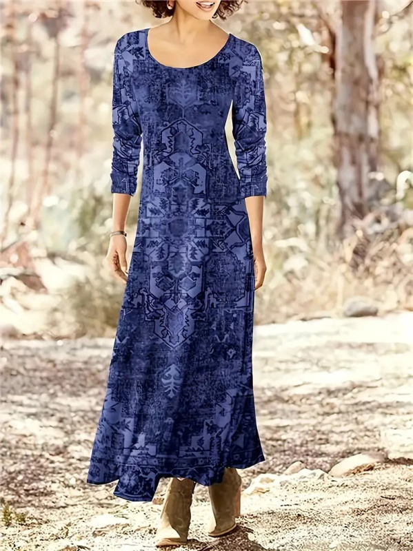 Rochie cu model 3D și imprimeu, guler rotund, mâneci lungi, talie înaltă, croială A-line lungă, poliester