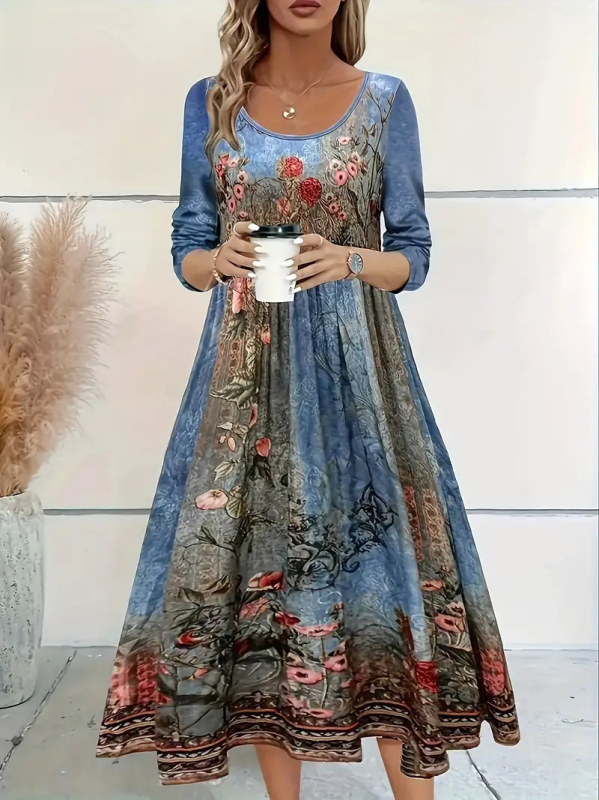 Rochie cu model 3D și imprimeu, guler rotund, mâneci lungi, talie înaltă, croială A-line lungă, poliester