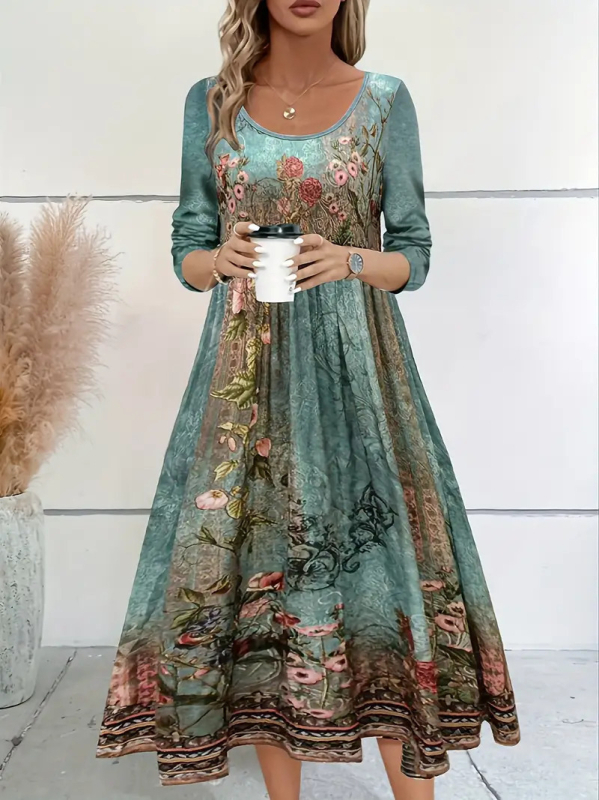 Rochie cu model 3D și imprimeu, guler rotund, mâneci lungi, talie înaltă, croială A-line lungă, poliester