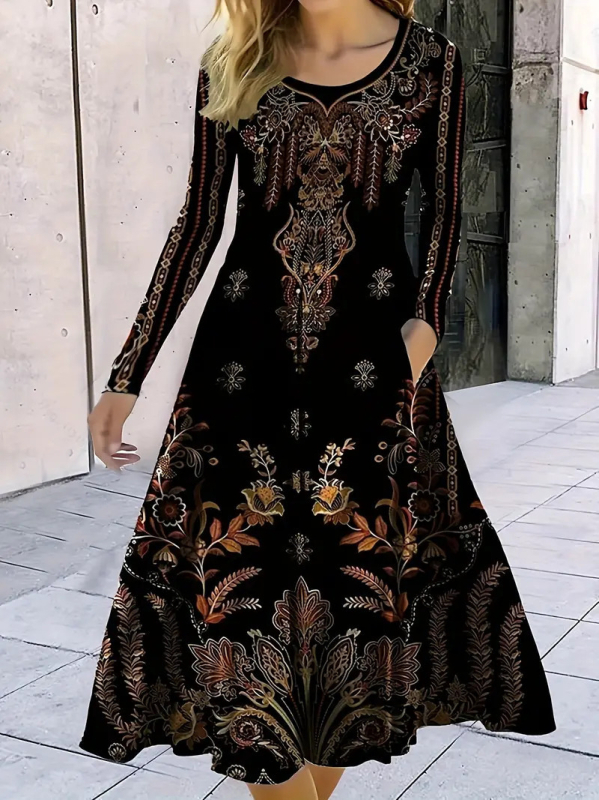Rochie cu model 3D și imprimeu, guler rotund, mâneci lungi, talie înaltă, croială A-line lungă, poliester