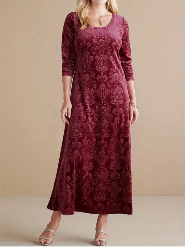 Rochie cu model 3D și imprimeu, guler rotund, mâneci lungi, talie înaltă, croială A-line lungă, poliester