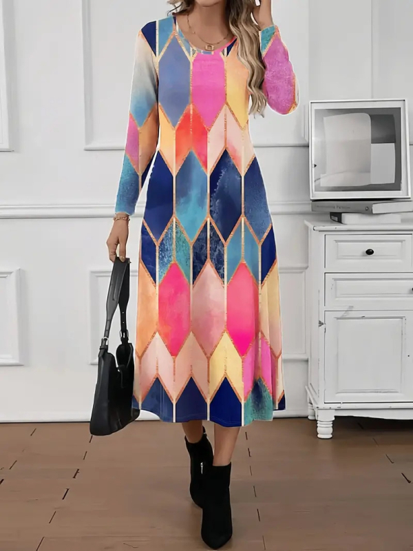 Rochie cu model 3D și imprimeu, guler rotund, mâneci lungi, talie înaltă, croială A-line lungă, poliester