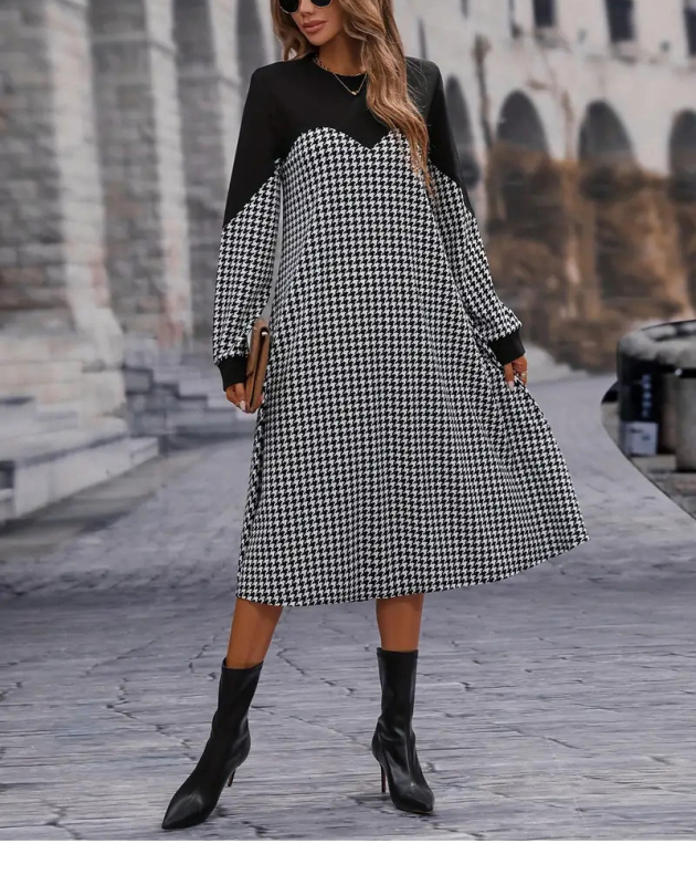 Rochie cu model 3D și imprimeu, guler rotund, mâneci lungi, talie înaltă, croială A-line lungă, poliester